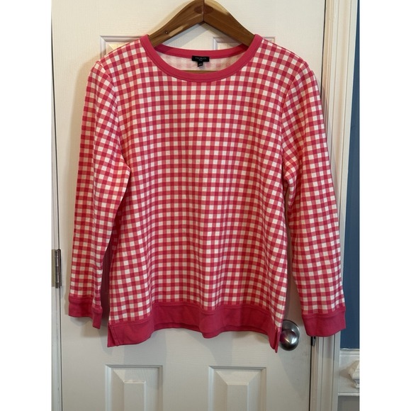 Talbots Sweaters - Talbots Womens Sweater XL Petite Pink White Gingham Knit Crew Neck Long Sleeve